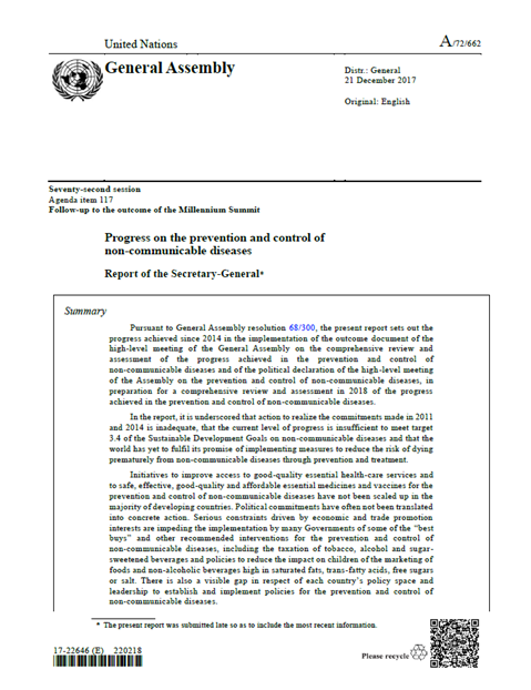2017 Report of the Secretary-General on progress on the prevention and control of NCDs