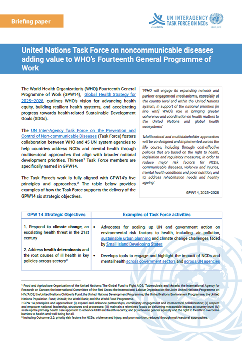 United Nations Task Force on noncommunicable diseases adding value to WHO’s Fourteenth General Programme of Work