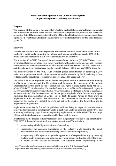 Model policy for agencies of the United Nations system  on preventing tobacco industry interference