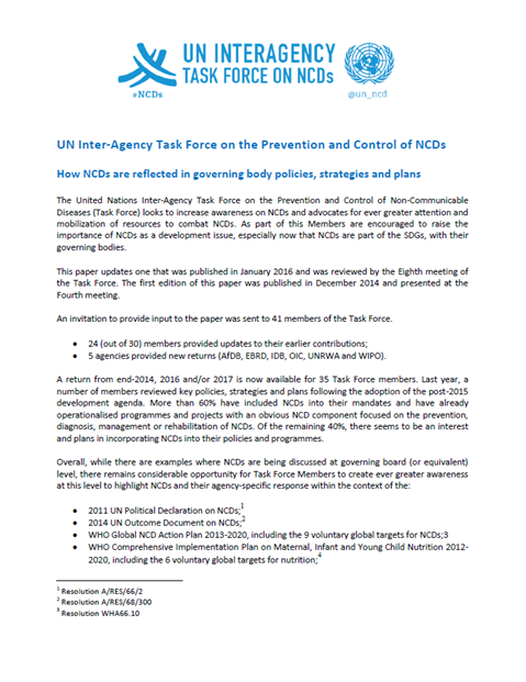 How NCDs are reflected in governing body policies, strategies and plans