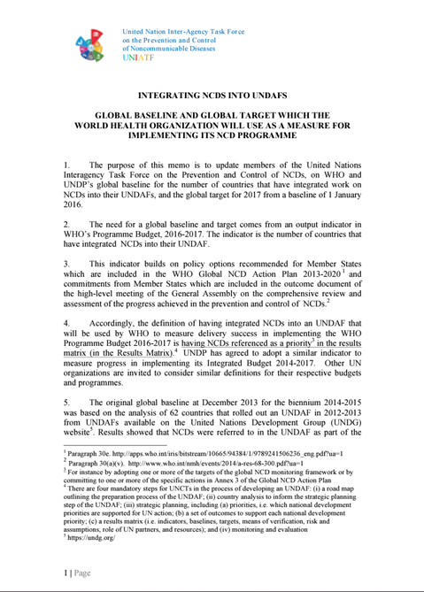 Integration of NCDs into UNSDCFs: Rollout years 2014/2015