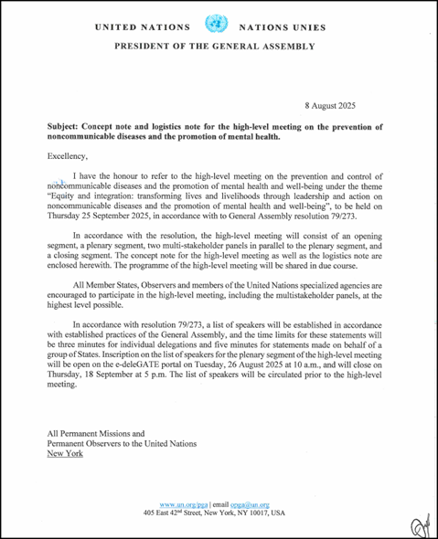 Note from President of General Assembly