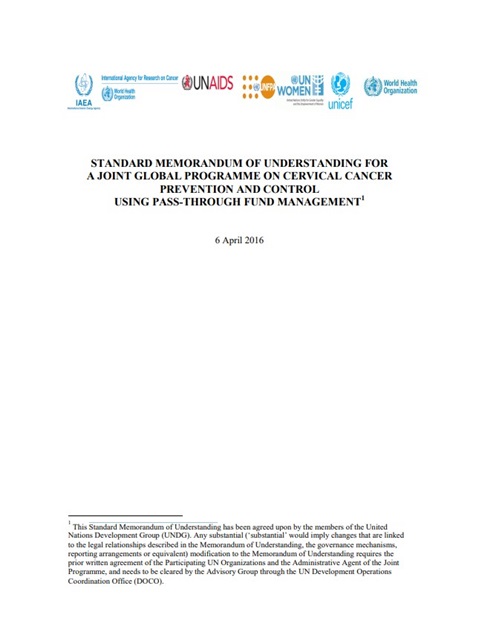Standard Memorandum Of Understanding for a Joint Global Programme on Cervical Cancer Prevention and Control Using Pass-Through Fund Management