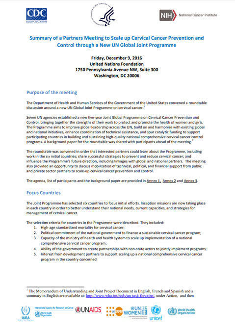 Summary of a Partners Meeting to Scale up Cervical Cancer Prevention and Control through a New UN Global Joint Programme