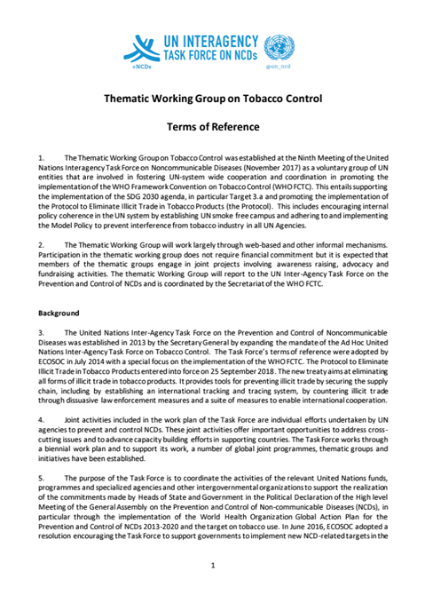 Thematic working group on tobacco control ToRs