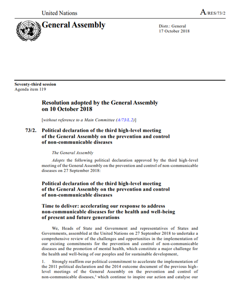 2018 Political declaration  on the prevention and control of NCDs