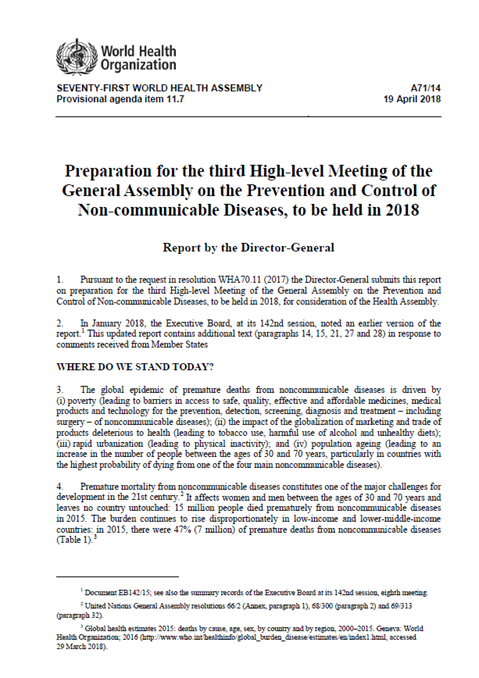 2018 Report of the WHO DG to the WHA: Preparation for the third High-level Meeting