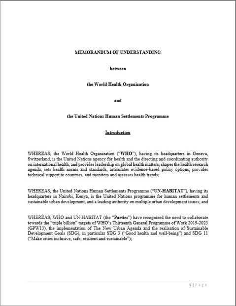 UN-Habitat and WHO Memorandum of Understanding