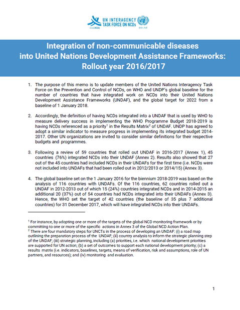 Integration of NCDs into UNSDCFs: Rollout years 2016/2017